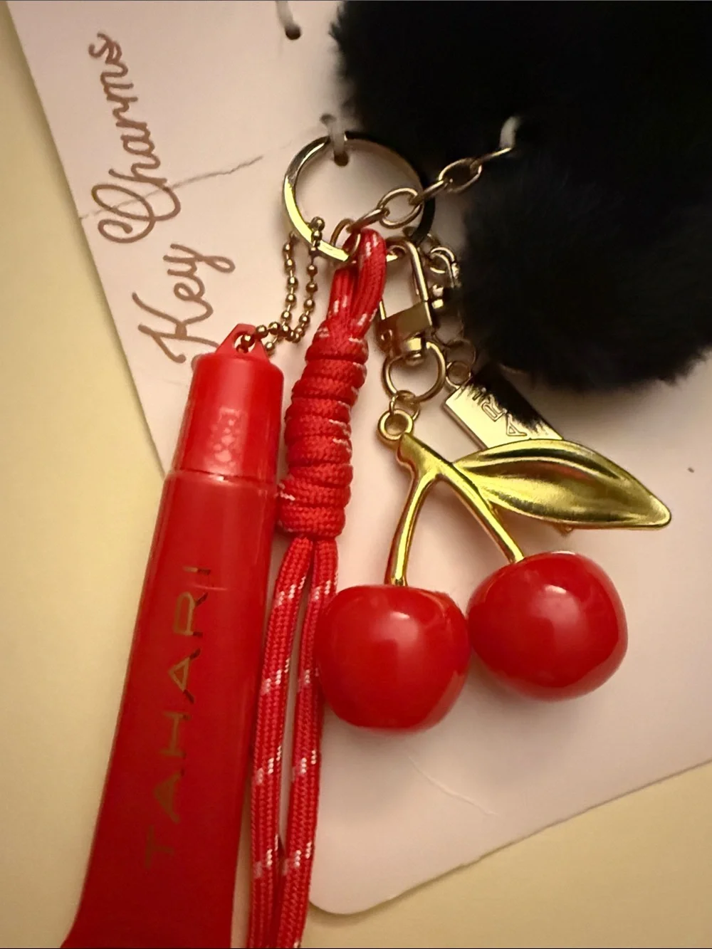 Tahari Red Cherry Kiss Lipgloss Keychain Bag Charm Cherry Plush Heart